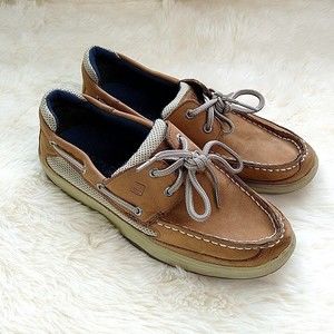 Sperry Top Sider Boys sz 5M Lanyard 2 Eye Linen Boat Shoes Lace Up Tan Leather